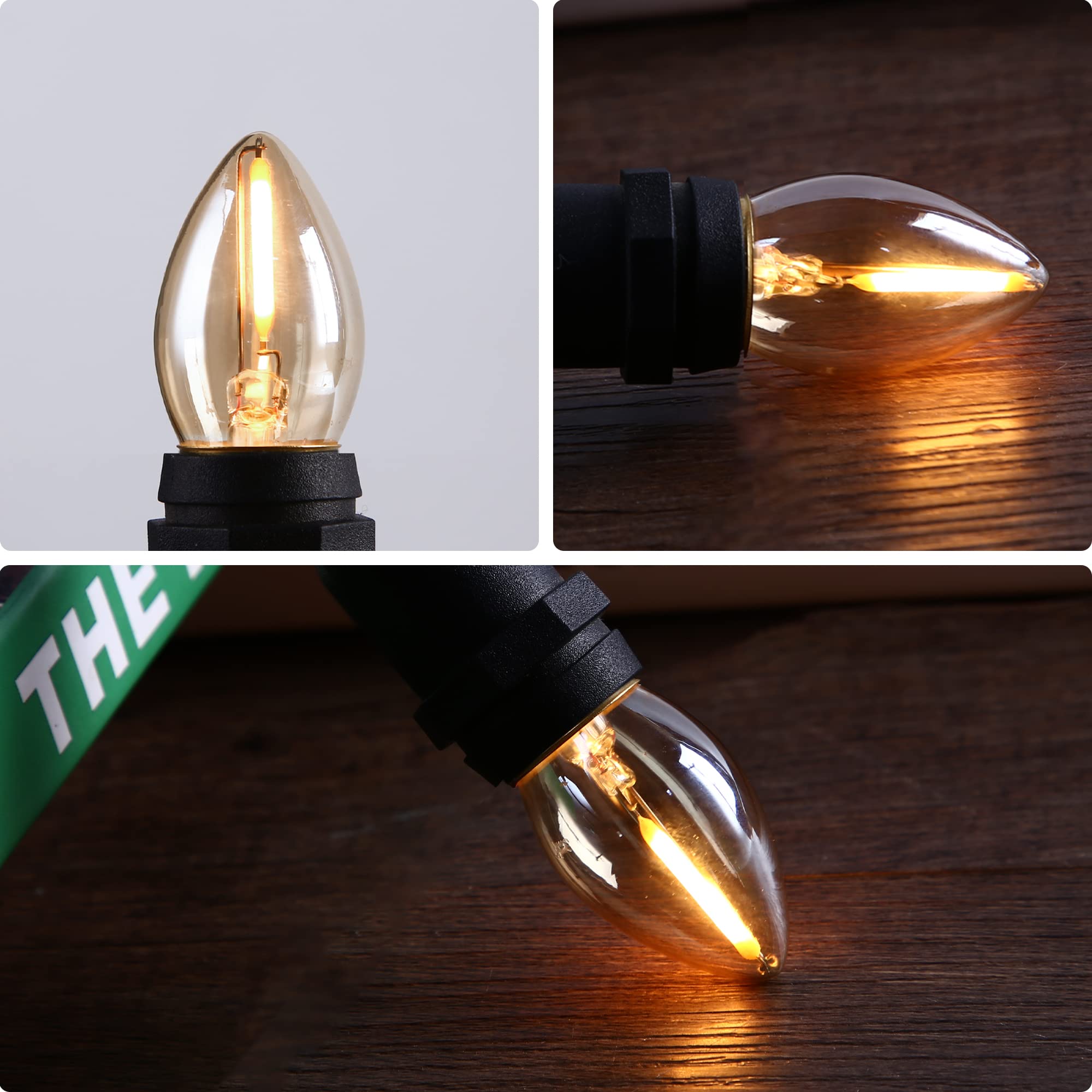 Paquete de 25 bombillas LED de repuesto C7, luz nocturna E12, base de candelabro, cadena de luz retro, bombilla de filamento LED, ámbar, 2200 K, 0,5 W, transparente, comercial, regulable, bombillas