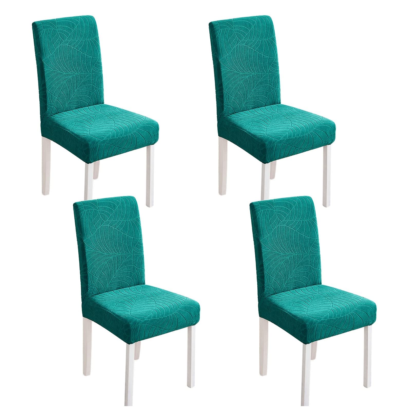 Housses de Chaises 4 Pièces KnSam en Polyester Jacquard Motif Feuilles Vert Bleu