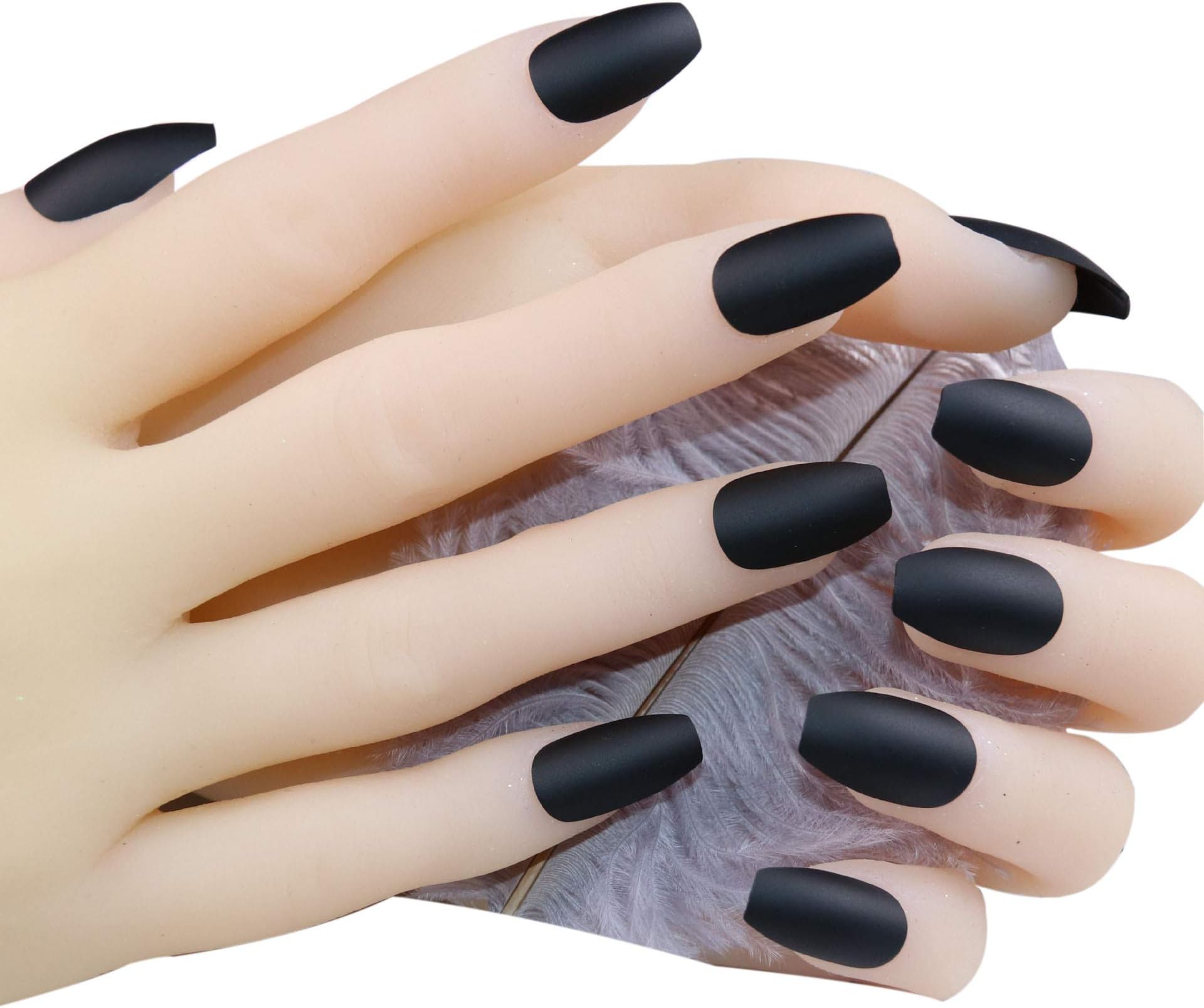 JINDIN 24pcs Press On Nails with Long Coffin Design Black Matte Fake Nails Acrylic French False Nail Tips Full Cover for Women Girls