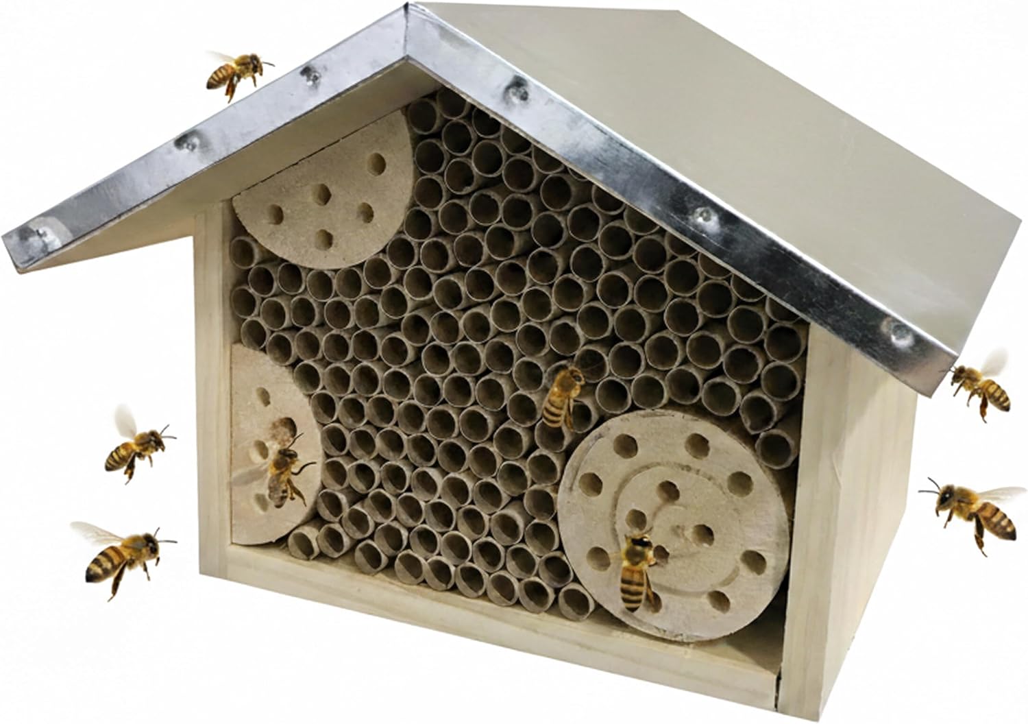Relaxdays Bee Hotel, Wood, Weatherproof Metal Roof, Cardboard Tube, Garden, Insect Hotel, Hanging Natural/Silver
