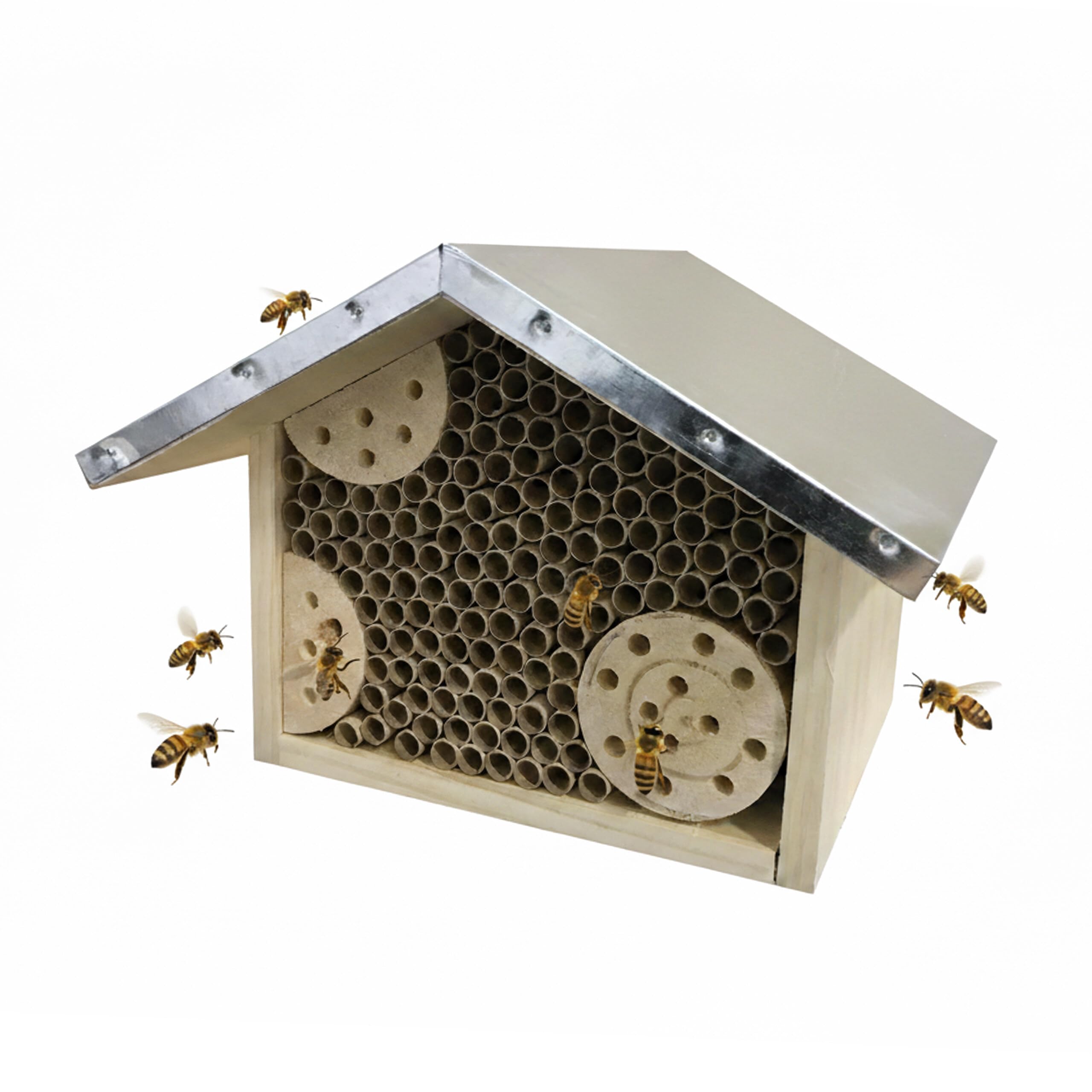 Relaxdays Bee Hotel, Wooden with Metal Roof, Bamboo and Cardboard Tubes, Hanging for Garden, Natural/Silver 17x23x20 cm