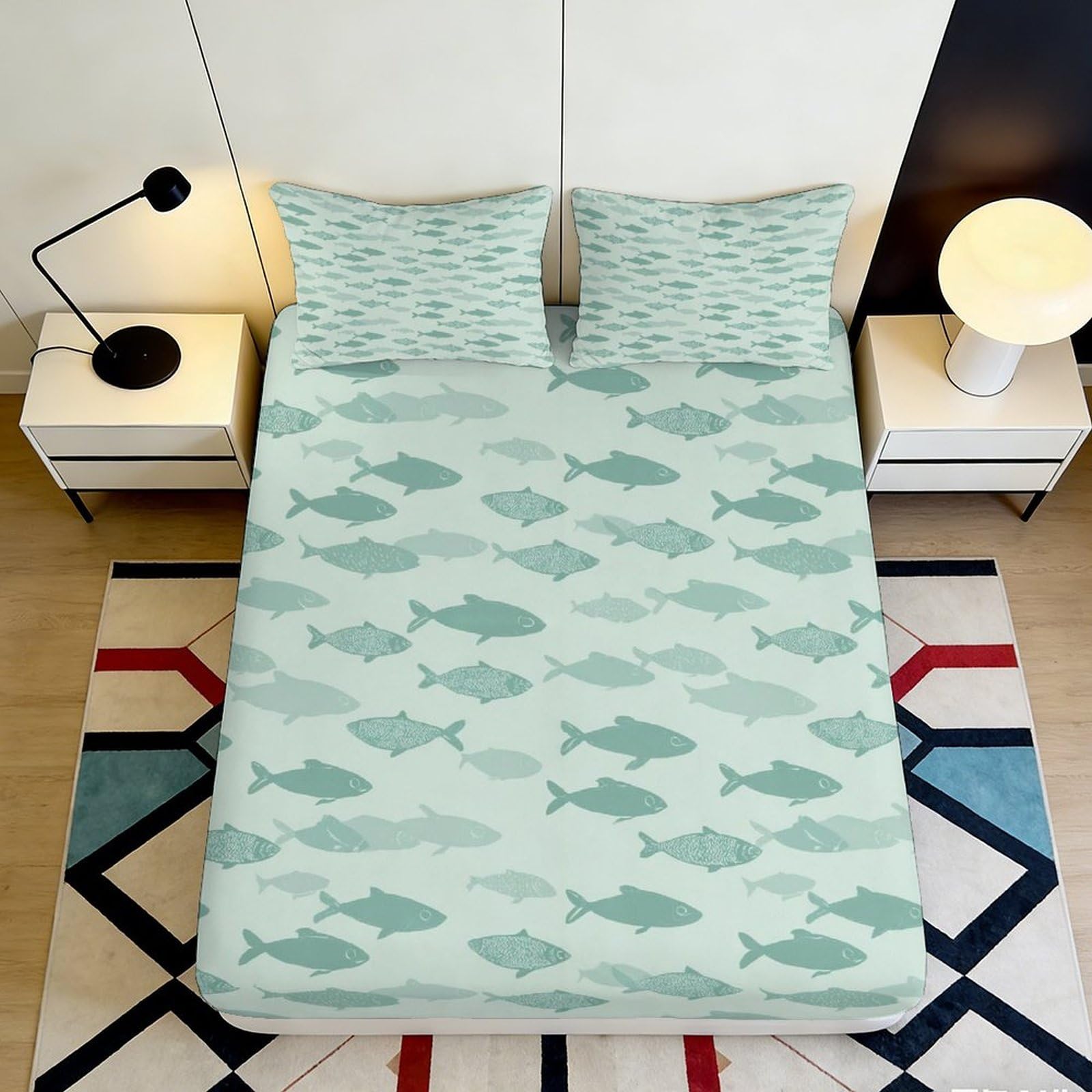 3D Printed Fish School Fitted Sheet Microfiber Soft Breathable Ocean Pattern Mattress Cover for Bedroom Dorm Decor 90x200x25cm