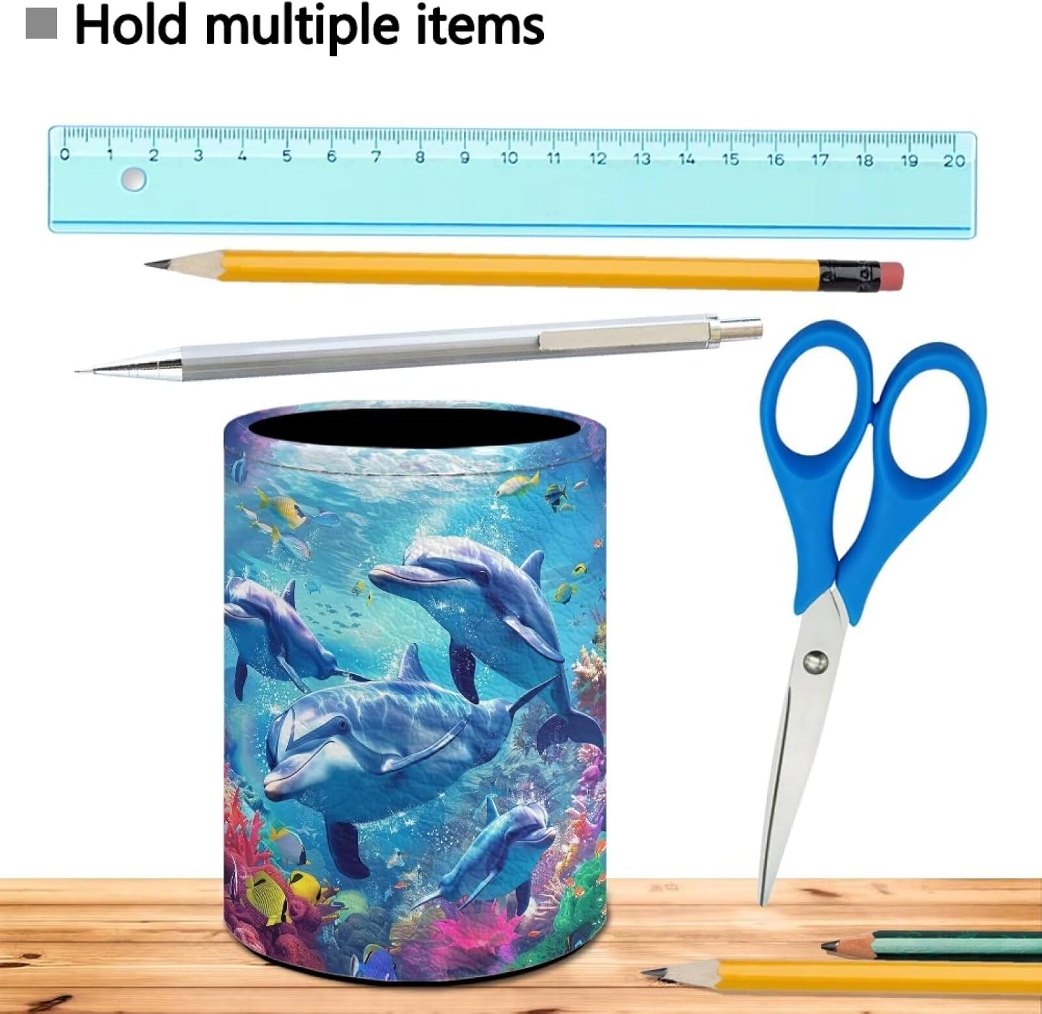 Upetstory Adorable Dolphin Pen Pencil Holder for Desk Office Home Round Pencils Cup Caddy Box Makeup Brush Holders for Women Girls Boys image 5