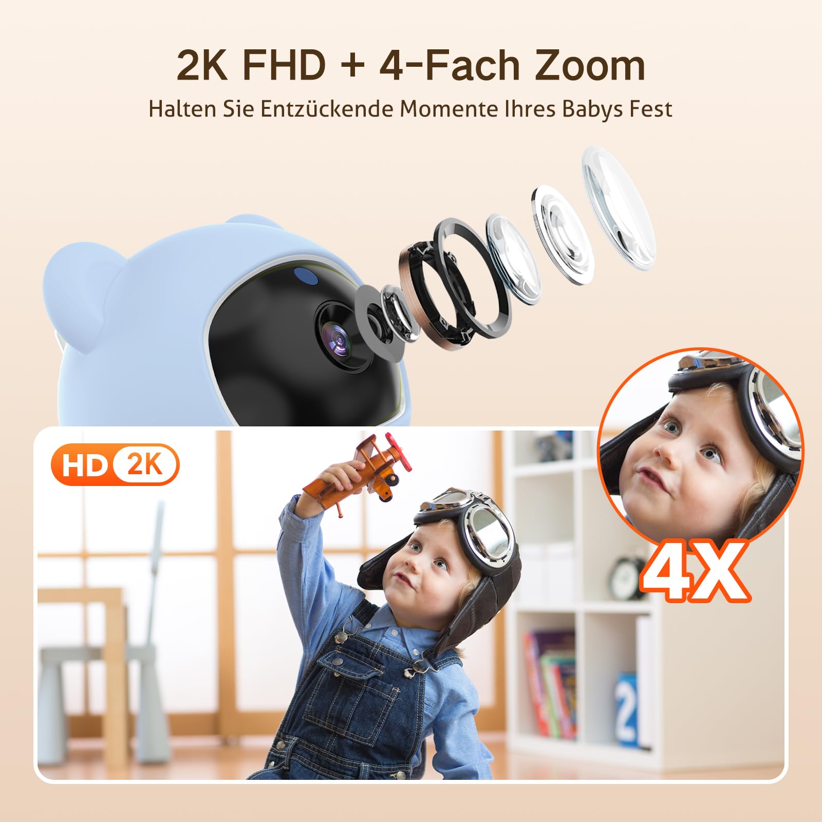 Babyphone mit Kamera 2K/3MP, 5" WLAN Video Babyfon mit App, PTZ 360 Grad Bewegungsverfolgung, IR-Nachtsicht, Weinen/Bewegungs/Geräuscherkennung, Temperaturerkennung, App Steuerung