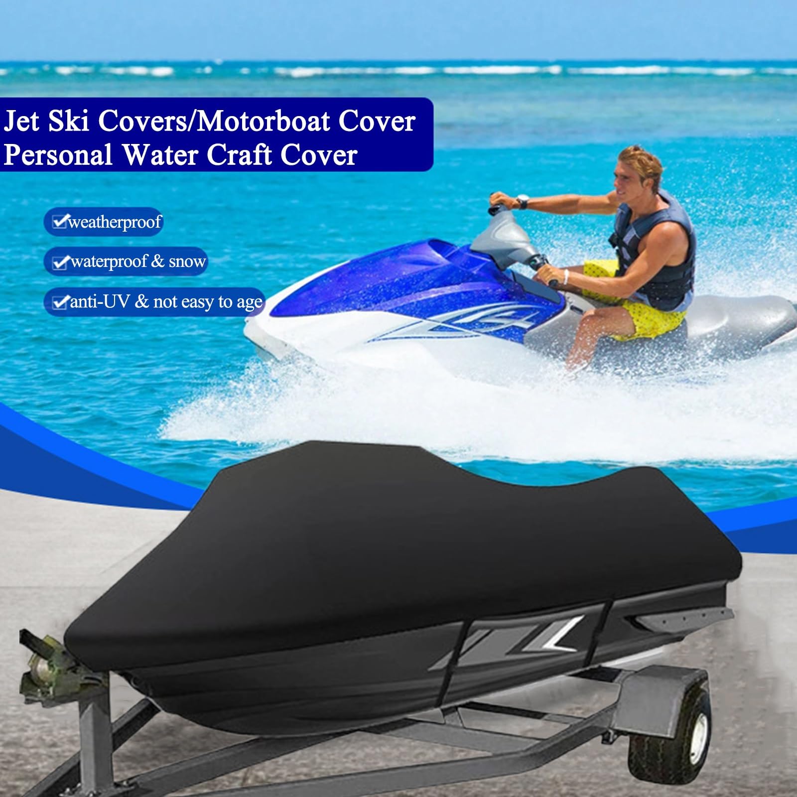 Telo Copri Jetski,Copertura per Moto D'acqua Jet Ski Copertura per Barca Rimorchiabile Impermeabile Oxford 600D Telo Copri Barca Jet Ski Telo Copri Barca a Motore(Black,Fits from 121"-135")