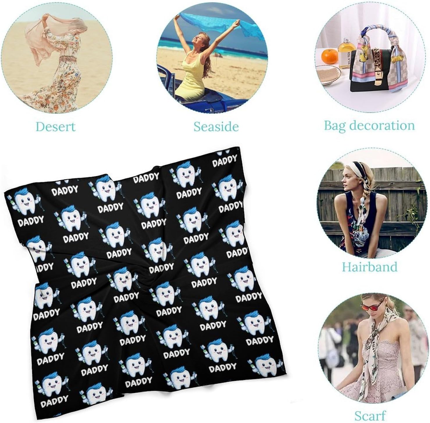 Daddy Tooth Silk-Like Square Scarf for Women Vintage Printed Neck Scarf Bandanas Hair Scarves