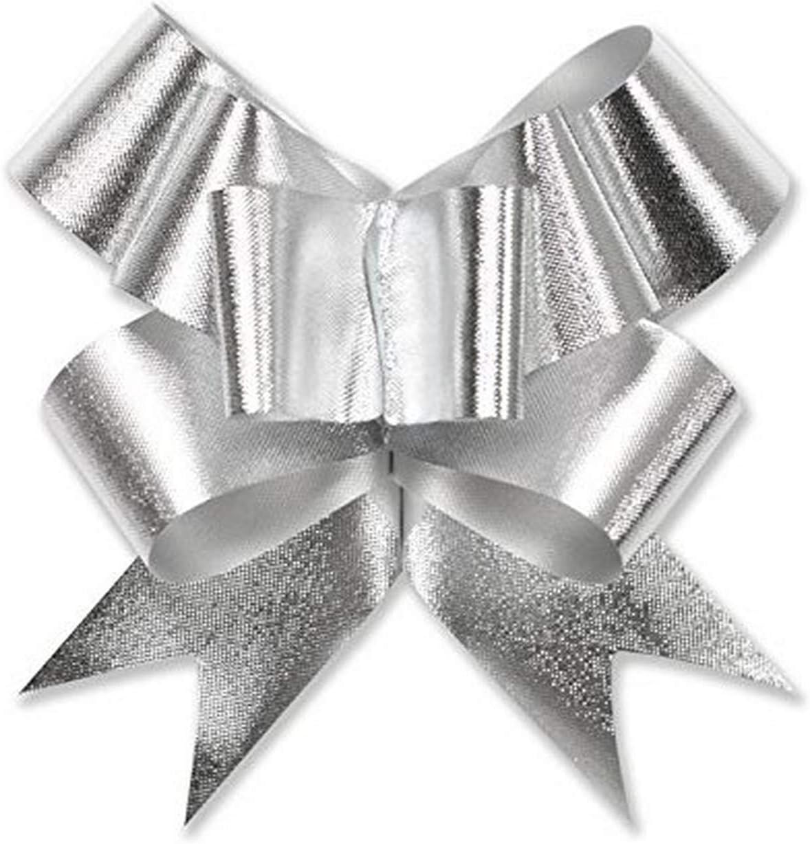 Berwick Offray 1.25'' Wide Satin Butterfly Ribbon Pull Bow, 4.5'' Diameter with 8 Loops, Silver, 50 Count