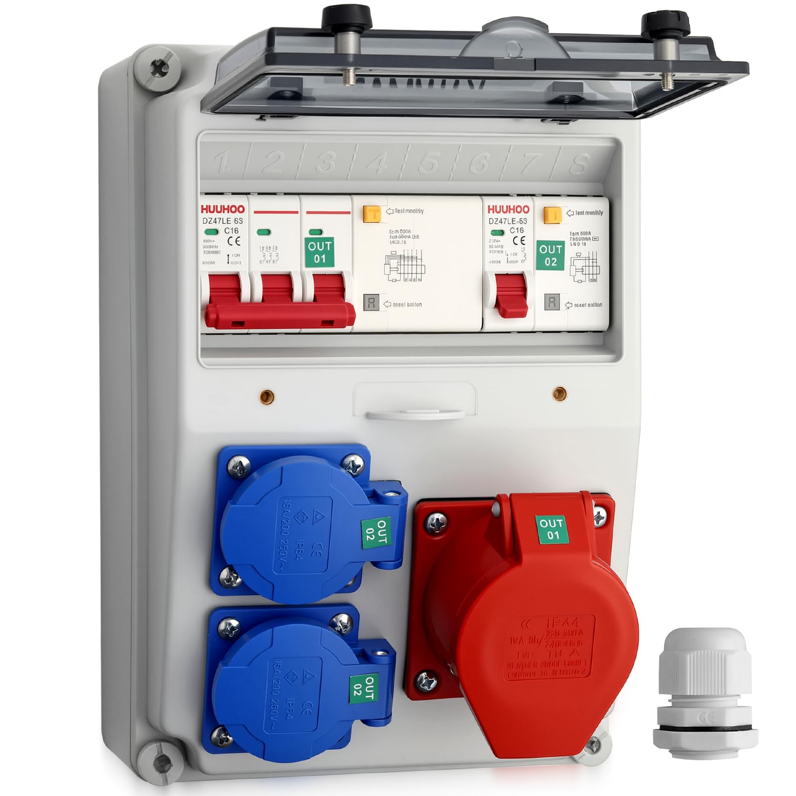CAMWAY Distribuidor de Corriente para Construcción de pared con LS+FI, 2 Enchufes Schuko 230 V+1 Enchufe CEE 16A, IP66 Impermeable, Carcasa ABS Ignífugo para Interiores, Exteriores, Talleres y Fábrica