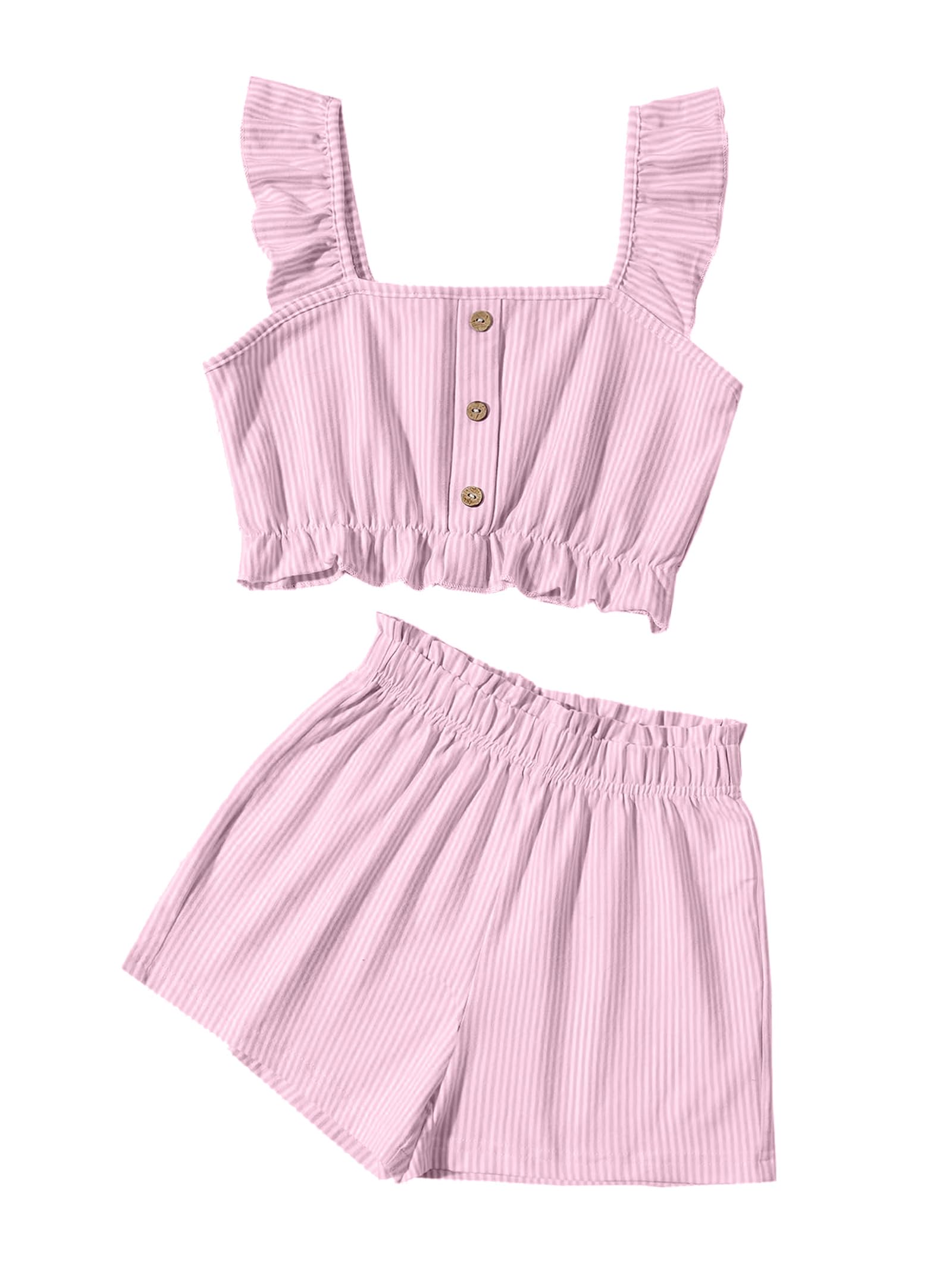 Girls 2 Piece Summer Outfits Ruffle Strap Striped Crop Top and Short Sets Pink 7-8 Years