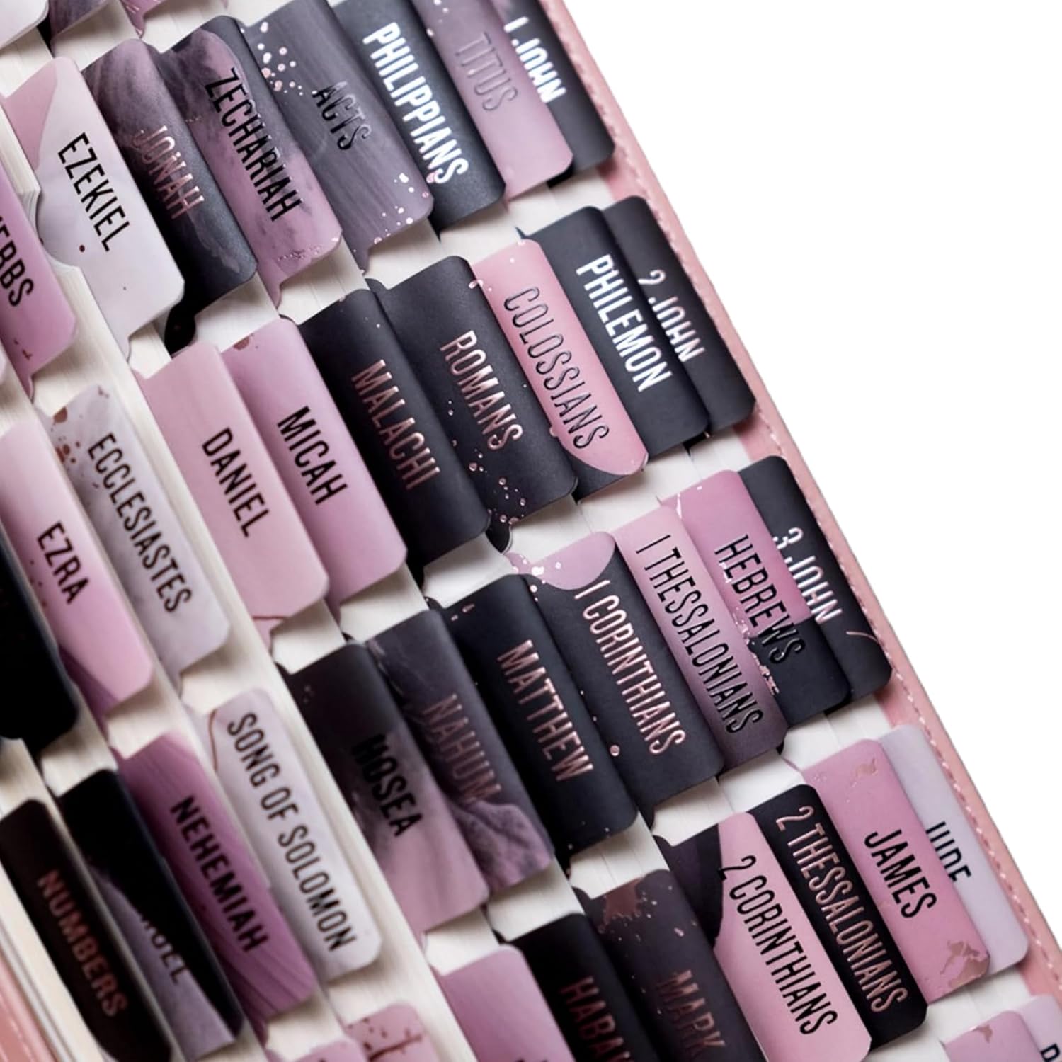 UPAFEXXI-Laminated Bible Tabs (Pink and Black Foil Embossed Lettering), Bible Tabs for Women and Men, Reposition Large Print Stickers, Easy to Read and Apply, 80Chapters Labels for Easy Navigation