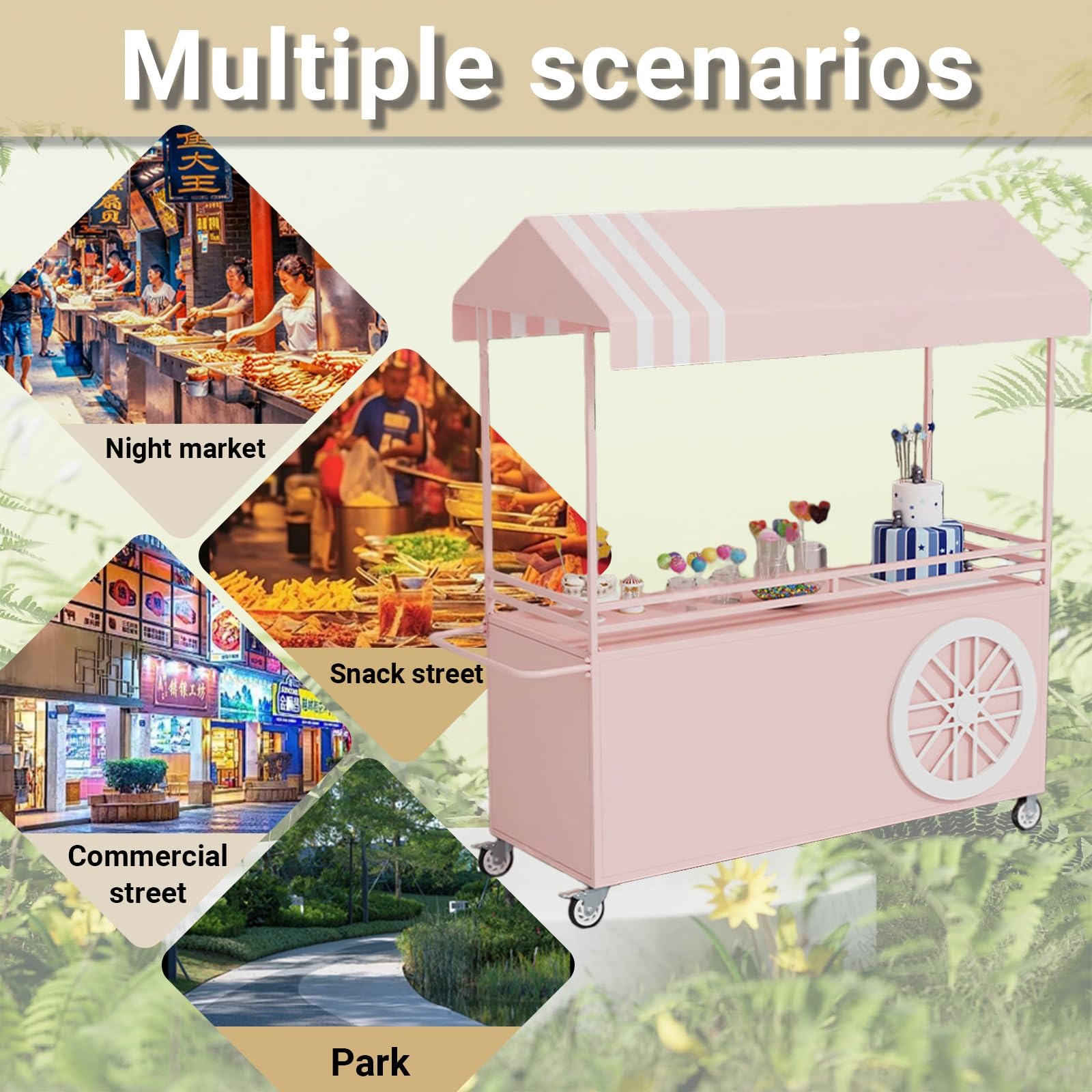Mobiler Food-Display-Stand mit feststellbaren Rädern, tragbarer klappbarer Verkaufsstand, Handwagen mit großem Stauraum, robuster Eisenwagen für Märkte, Street-Food-Events und Festivals