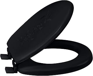 Bath Bliss Extra Soft Standard Round Toilet Seat | Decorative Vinyl Lid | Adjustable Quick Screw Attach Non-Slip Hinges | Bathroom | Black
