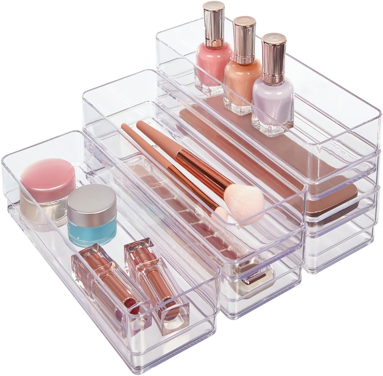 SimpleSort 6-Piece Stackable Clear Drawer Organizer Set | 9" x 3" x 2" Rectangle Trays | Narrow Makeup Vanity Storage Bins and Office Desk Drawer Dividers | Made in USA