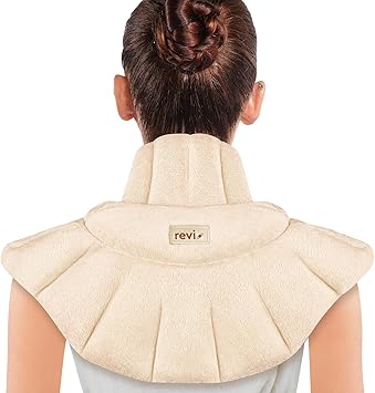 REVIX Microwavable Heating Pad for Neck Shoulders and Back, Weighted Microwave Heated Neck Wrap with Moist Heat for Muscle Tension, Unscented Neck Warmer, Soft Minky Fabric, Beige