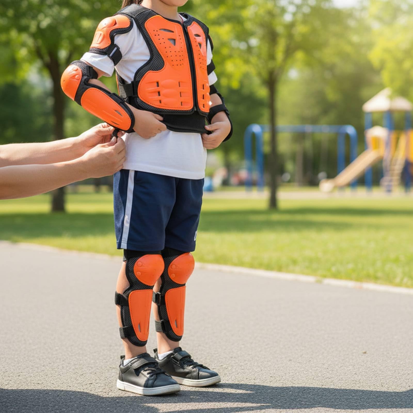 rockible 5 Pièces Enfant Protection Armure Lot Gilet Coudières Genouillères Coque Résistante PE Mousse Amortissante Doublure Souple Réglage Rapide Convient au , Orange