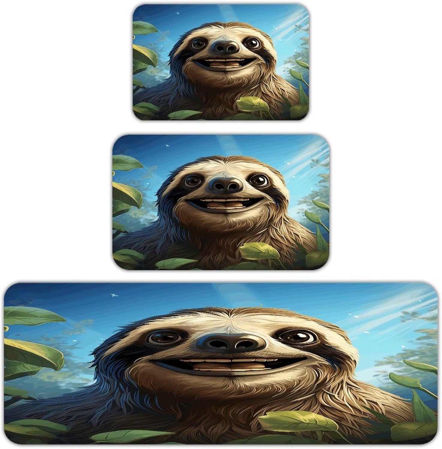 Cartoon Funny Sloth Kitchen Rugs Sets of 3 Non Slip Kitchen Mats for Floor Farmhouse Kitchen Sink Mat Thick Comfort Standing Mat for Laundry Room Hallway Bathroom