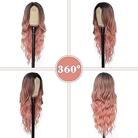 NAYOO Long Ombre Pink Wavy Wig for Women 26 Inch Middle Part Curly Wavy Wig Natural Looking Synthetic Heat Resistant Fiber for Daily Party Use (Ombre Pink)