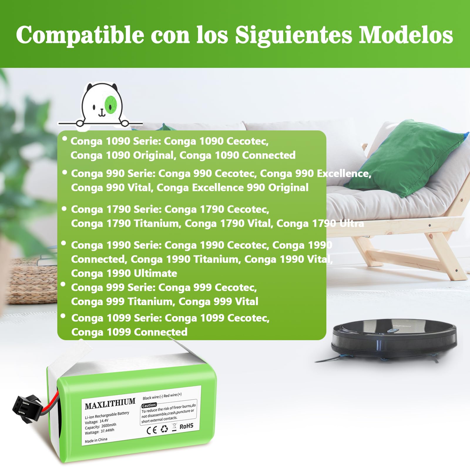 Batería de Repuesto Compatible Conga Excellence 1090 990 999 950 1790 1990, Ikohs Netbot S14 S15, Eufy RoboVac 11 11S 30 35C, Ecovacs Deebot N79 N79S DN622 14.4V 2600mAh