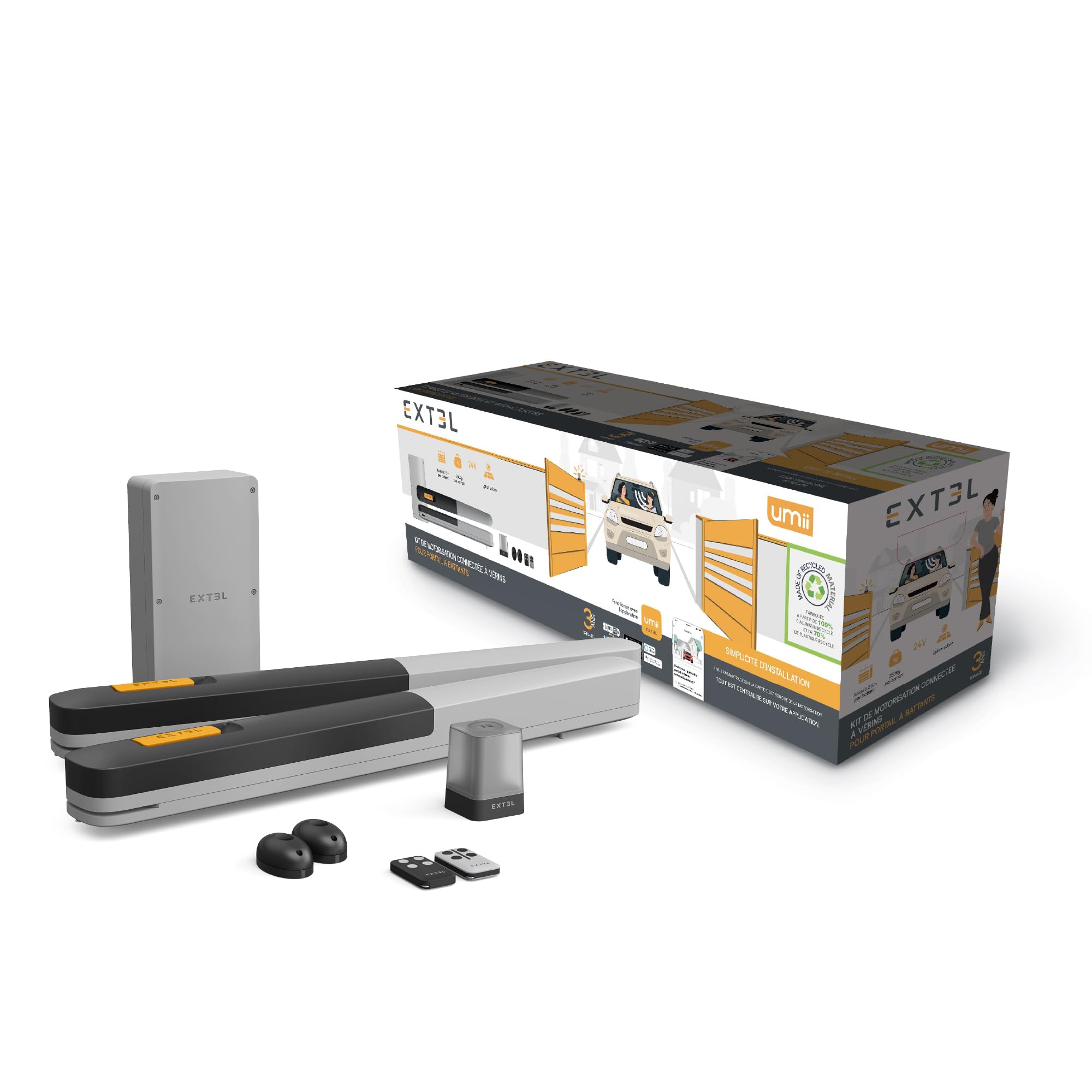 Extel XV250 – Motorisation connectée à vérins pour portail à battants jusqu’à 5 m et 500 kg, contrôle via application Umii, kit complet avec 4 télécommandes au total