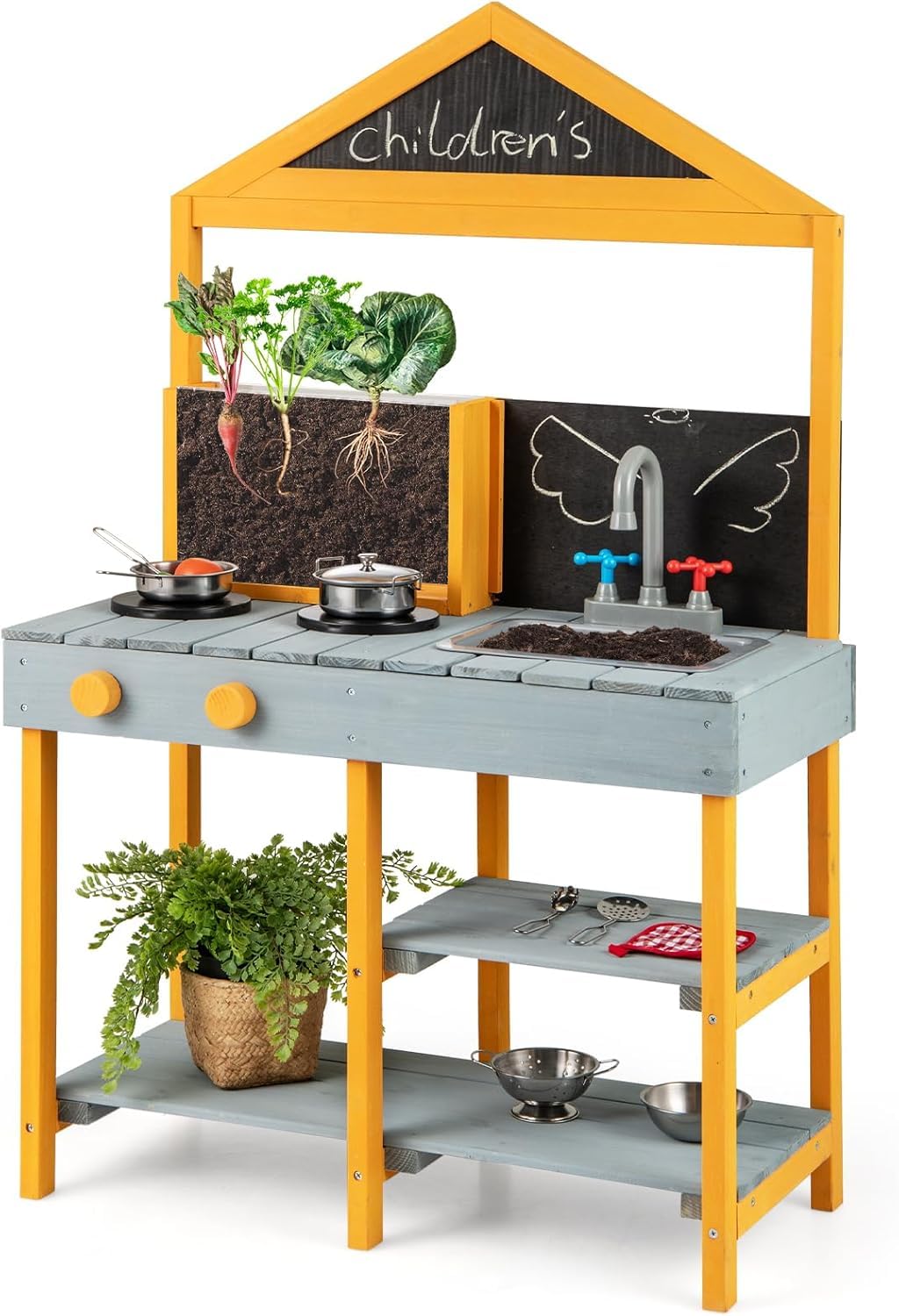 FANTASK Matschküche Kinder Outdoor, Kinderküche Tannenholz mit Pflanzbehälter & 2 Kreidetafeln & Wasserhahn & Waschbecken (Blau)