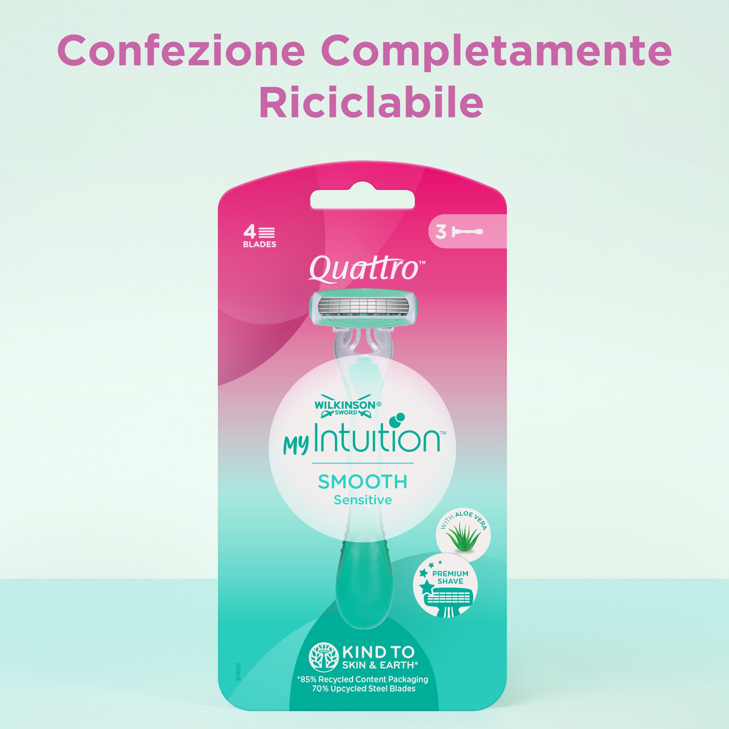 Wilkinson Sword - MyIntuition Smooth Sensitive Quattro - Rasoio Usa & Getta - Rasoio a 4 Lame per Donna - 2 Strisce Lubrificanti con Aloe Vera e Vitamina E - Confezione 3+1