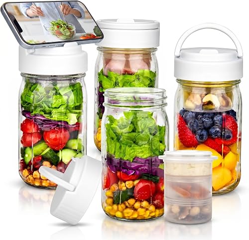 CLEANGOR 4 Pack 32 oz Glass Salad Jars Meal Prep Containers, Leakproof Mason Jars with Handle, 3 Built-in Divider Cups Wet/Dry Separation for Dressing Nuts Dry Ingredients, Ideal for Office Lunch Gym