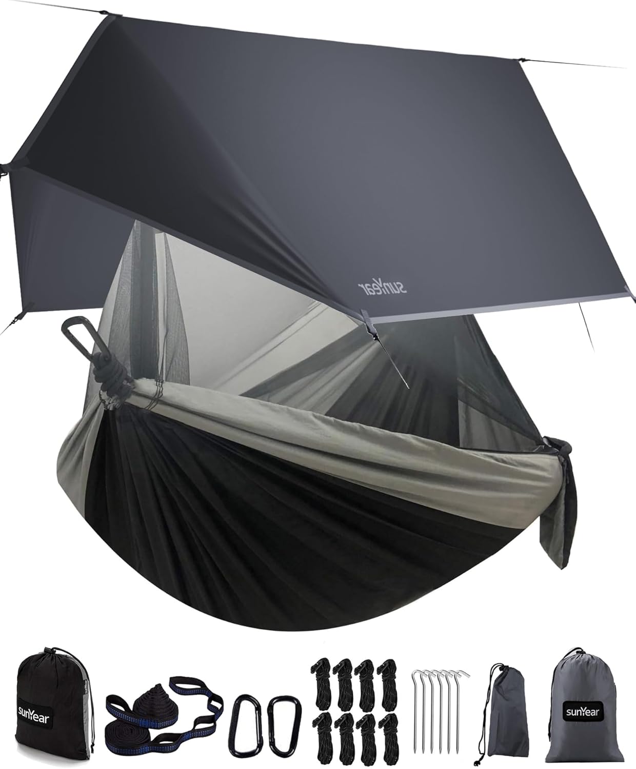 Sunyear Camping Hammock with Net & Rain Fly - Portable Double Hammock with Tree Straps + Waterproof Tarp for Backpacking, Hiking, Outdoor Survival