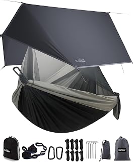 Sunyear Camping Hammock with Net & Rain Fly - Portable Double Hammock with Tree Straps + Waterproof Tarp for Backpacking, Hiking, Outdoor Survival