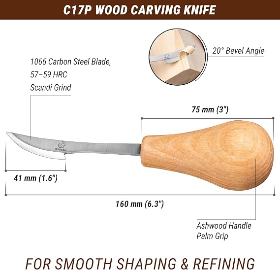 BeaverCraft Wood Carving Knife C17P - Sloyd Chip Carving Knife Carbon Steel - Whittling Knives for Beginners and Professionals - Wood Whittling Tools Woodworking Palm Chisel