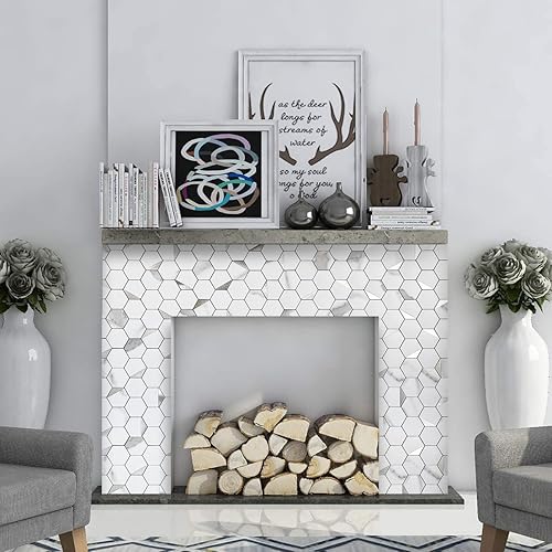 Miniatura 7 de DICOFUN Azulejos hexagonales de 10 hojas para despegar y pegar, aspecto de mármol blanco, azulejos de mosaico de metal plateado mezclado con PVC