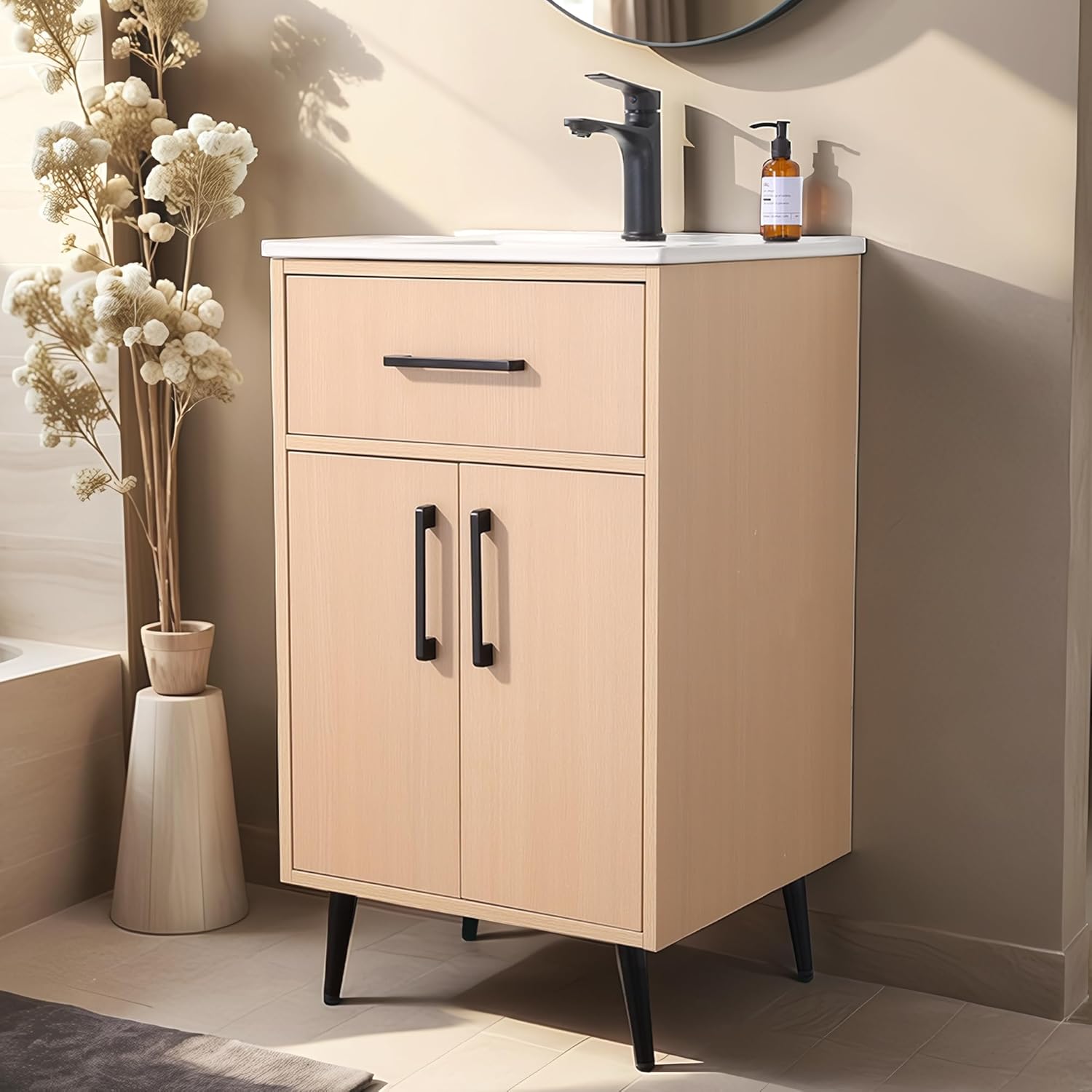 20-inch Solid Wood Bathroom Vanity with Sink, Warm Yellow Color for Free Standing Cabinet, Storage Rack and Drawer for Soft Closing Door