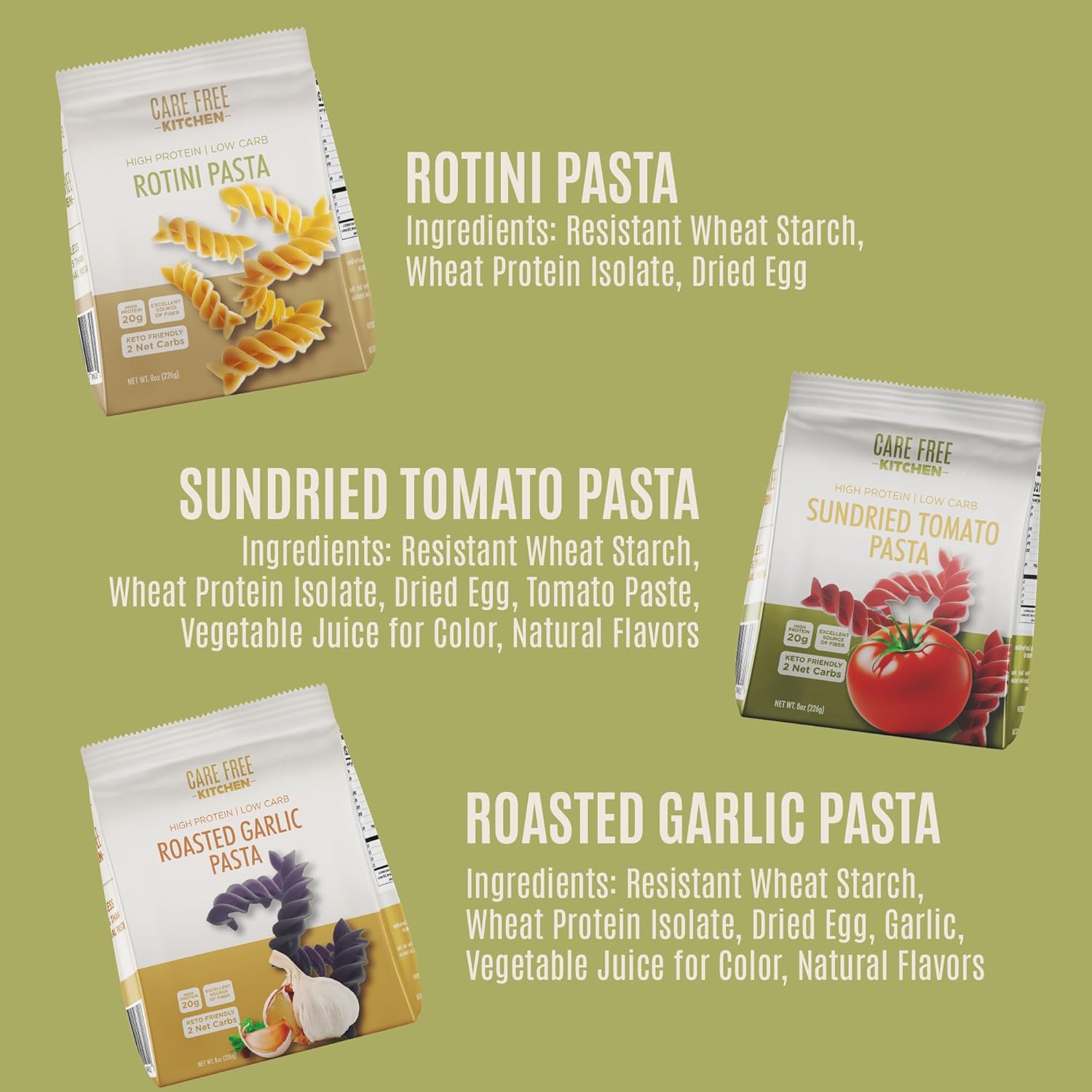 Care Free Kitchen Rotini Keto Pasta Noodles Variety 3-Pack (8 oz. Bags) Plain, Sundried Tomato, Roasted Garlic, 20g High Protein, Low Carb 2g Net Carbs, 26g High Fiber