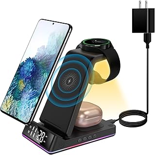 3 in1 Wireless Charger for Samsung, Qi Fast Wireless Charging Station with Clock/Alarm/Night Light for Samsung Galaxy Watch 5/Pro/4/3,Active 2/1,Galaxy S22/S21/Z Flip/Fold 3,Galaxy Buds 2/Pro/Live