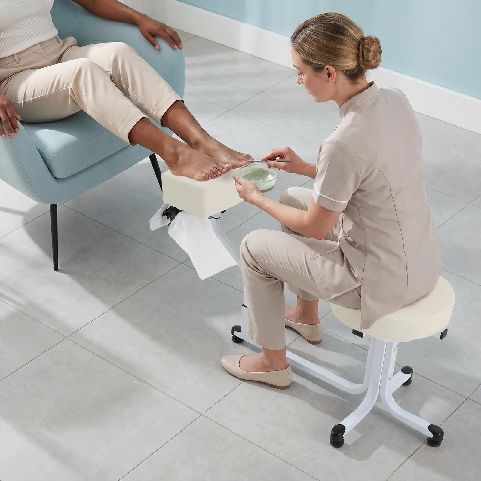 Pedikürestuhl mit Fußstütze Maniküre Hocker Nagelstudio Fußpflege 22W Weiß | Integrierter Staubabsauger entlastet den Rücken bei der Fußpflege und sorgt für einen sauberen Nageldesign-Arbeitsplatz.