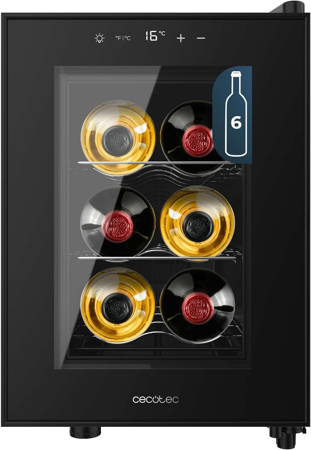 Cecotec Vinoteca 6 Botellas Bolero GrandSommelier 600 CoolCrystal E. Estantes Metálicos, Control Táctil, Temperatura 8 a 18ºC, Temperatura 8 a 18ºC, Negra