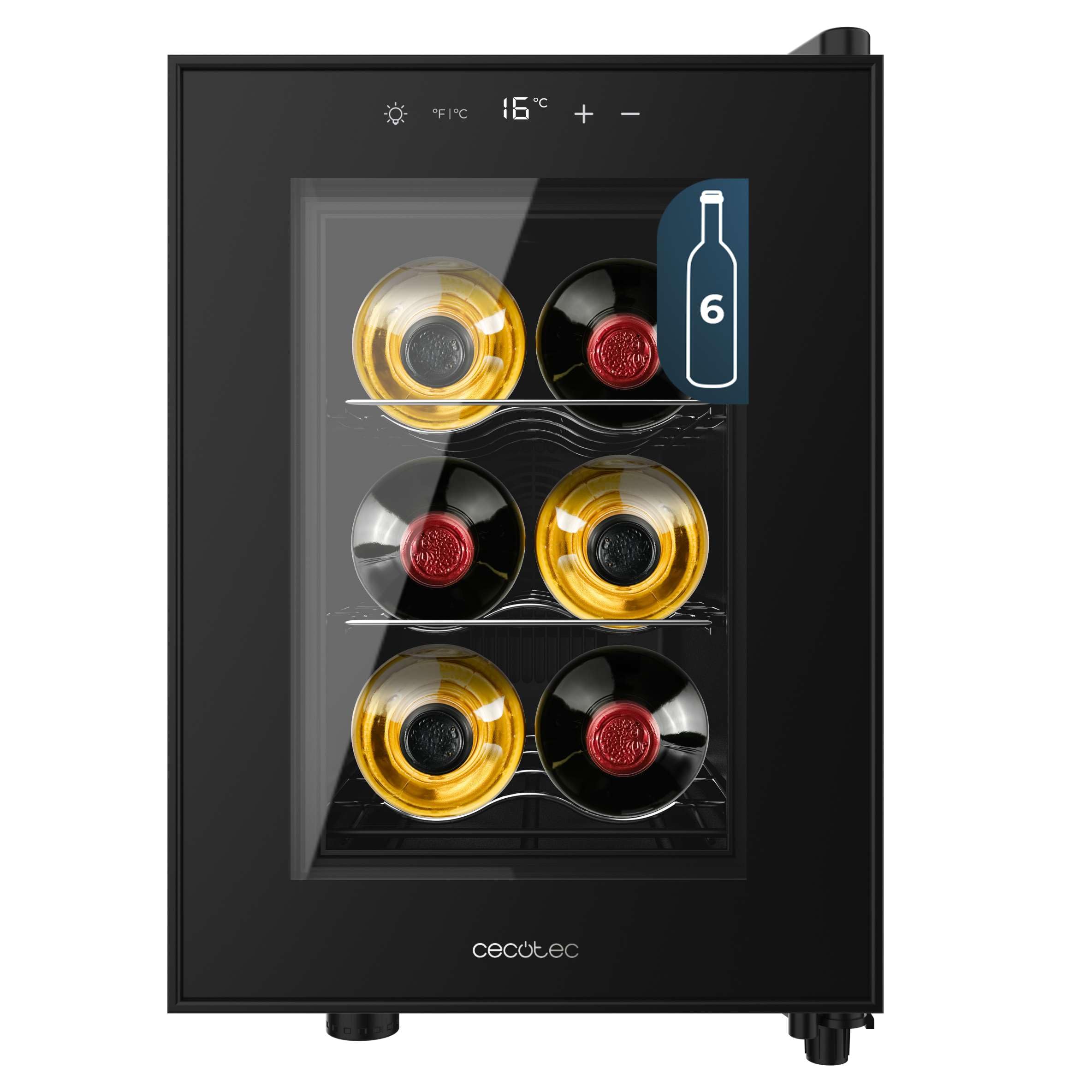Cecotec Winiarnia Bolero GrandSommelier 600 CoolCrystal E, pojemność 6 butelek, metalowe półki, sterowanie dotykowe, temperatura 8-18ºC, czarna