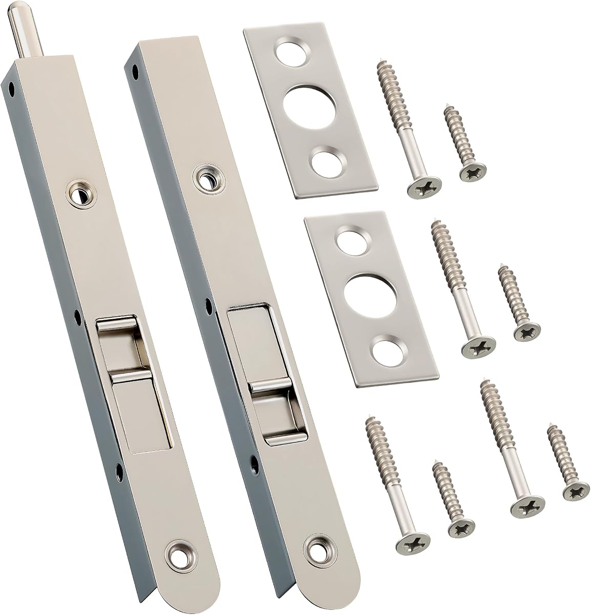 Paquete de 2 pernos de 7 pulgadas para puerta doble, pernos de pestillo cromados resistentes, cerradura francesa para apertura y puerta doble de madera compuesta (níquel satinado cepillado)