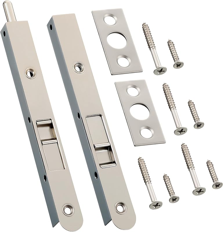 Paquete de 2 pernos de 7 pulgadas para puerta doble, pernos de pestillo cromados resistentes, cerradura francesa para apertura y puerta doble de madera compuesta (níquel satinado cepillado)