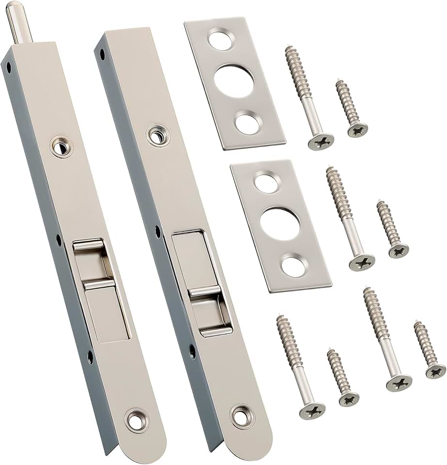 2 Pack 7 Inch Flush Bolt for Double Door, Heavy Duty Chrome Plating Flush Latch Bolts, French Lock for Opening and Composite Wood Double Dummy Door (Brushed Satin Nickel)