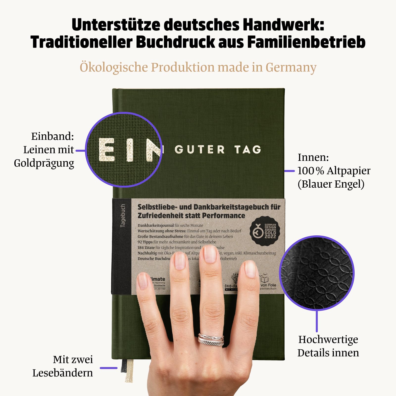 Ein guter Tag, Selbstliebe- und Dankbarkeitstagebuch. Nur 5-6 Minuten am Tag. Für Dankbarkeit, Achtsamkeit, Journaling, Tagebuch (Seegrün)