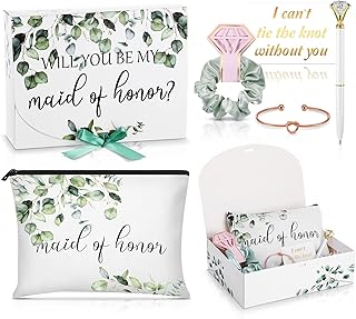 7 Pieces Wedding Themed Supplies Include Maid of Honor Proposal Box Maid of Honor Canvas Makeup Bags Green Satin Scrunchie White Gold Diamond Pen Bracelet White Raffia Grass with Card for Wedding