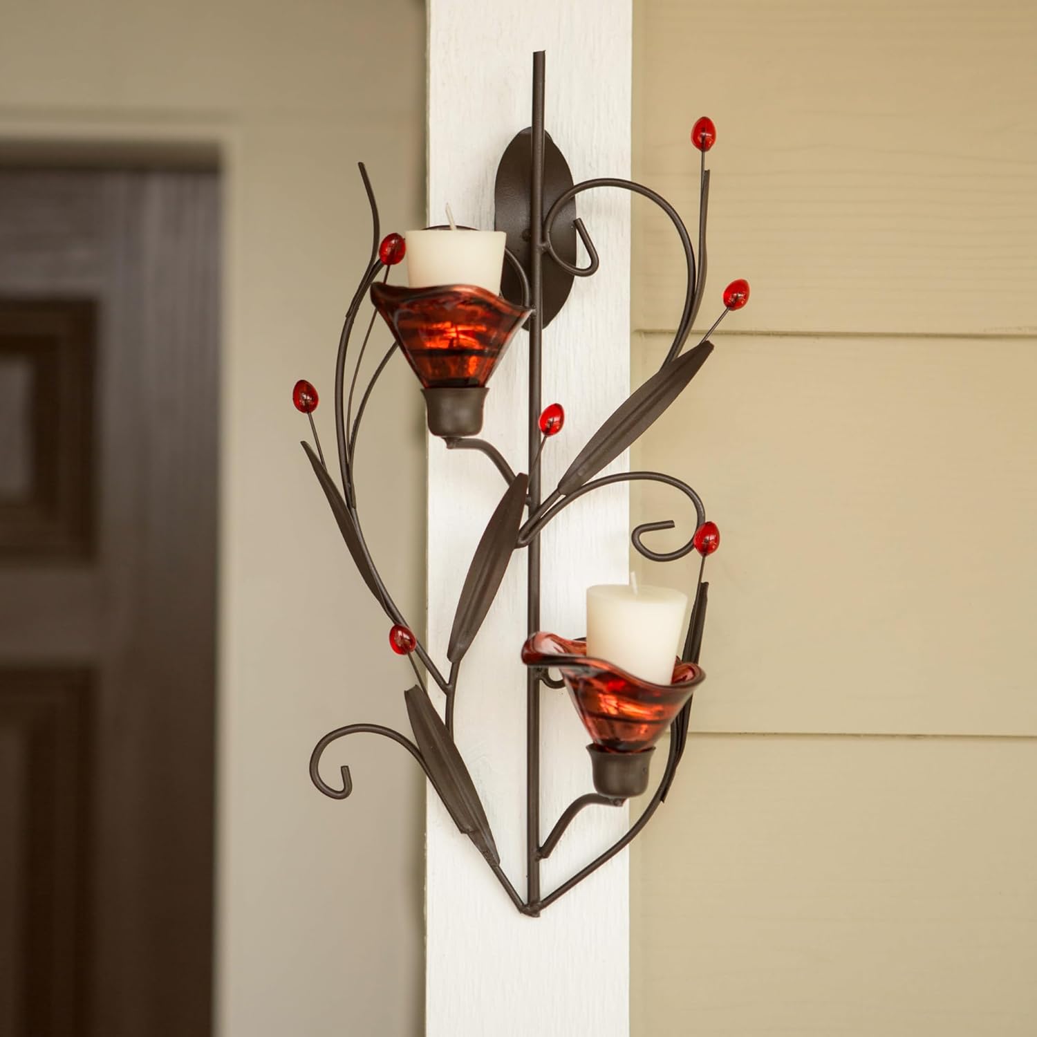 Zingz & Thingz Beauty in The Petals Collection Floral Lily Tealight Candle Wall Sconce, 9x3.25x14.75, Ruby Blossom