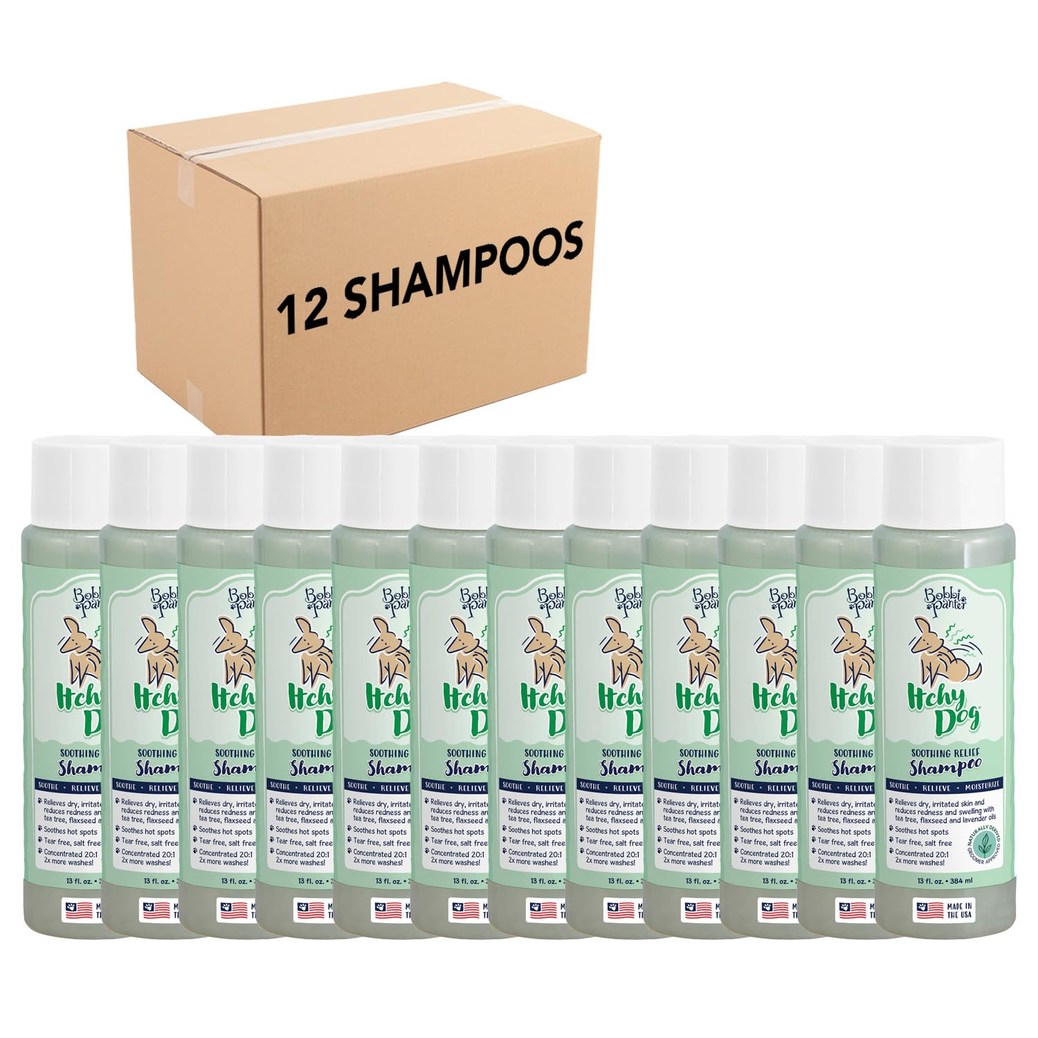 Bobbi Panter Dog Shampoo - Made in USA - All Natural Formula for Itch Relief &amp; Soothing Skins, Concentrated 16:1 for Professional Groomers - Green Apple Scent, 13 Oz (Case of 12)