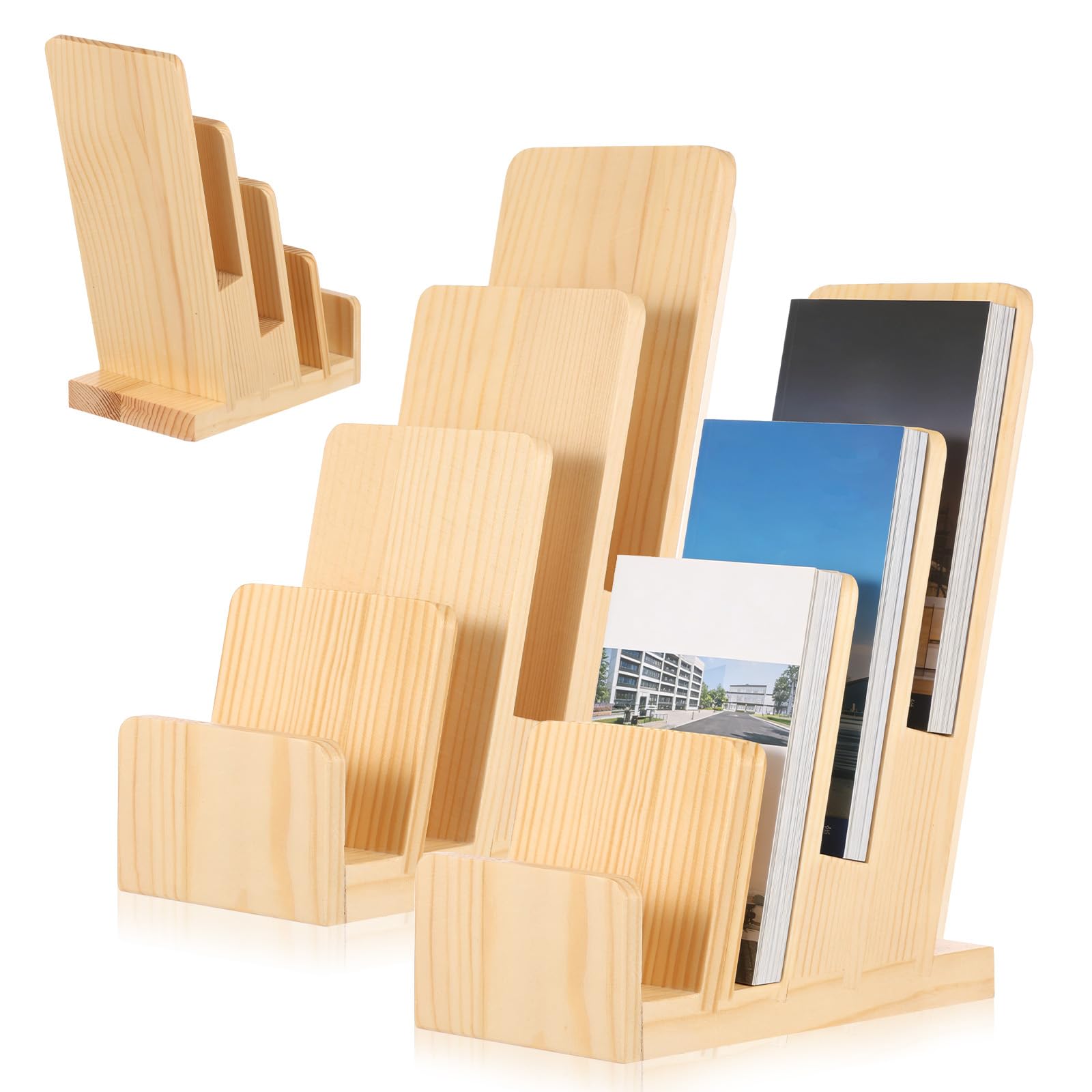 Nzwbshssp Wood 2Pcs Brochure Display Stand 4 Tier Literature Holder Countertop Trifold Flyer Display Holder Pamphlet Booklet Menu Postcard Greeting Card Organizer Multiple Pocket Magazine File Rack