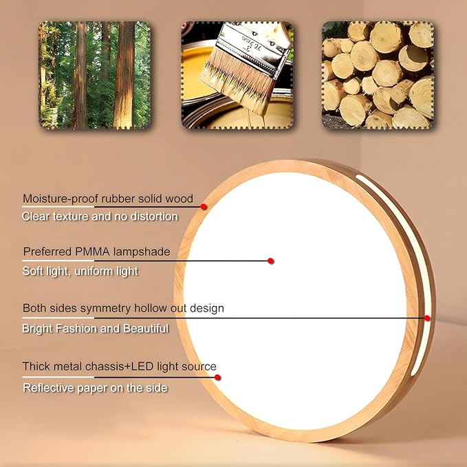 WayLuoung Houten LED-Plafondlamp | Ø30cm 4500K 1620Lm 18W | Ronde Natuurlijke Houten Plafondlamp Art Hollow Design, Slaapkamer, Woonkamer, Kinderkamer, Keuken, Eetkamer, Huis, Kantoor (Neutraal Wit) photo 3