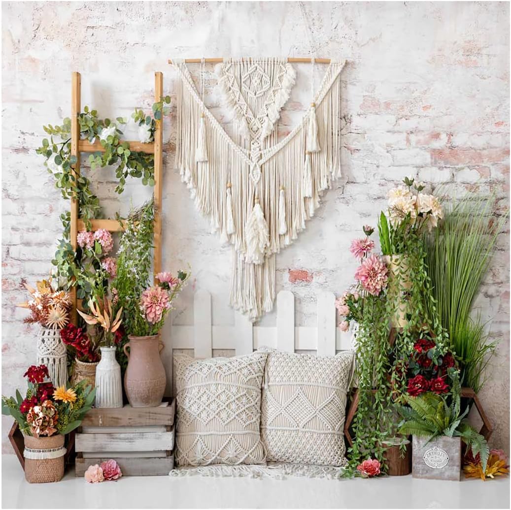 Kate 7x5ft Spring Garden Colorful Flowers Decoration Photography Backdrops Rustic Brick Wall Boho Style Pillows Decor Photo Background Shooting