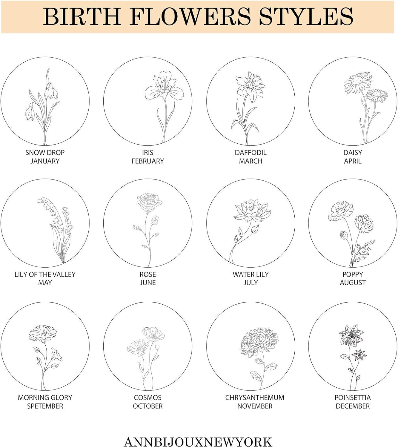 AnnBijoux Personalized Birth Flower Necklace Laser Engraved Birth Month Flower with Name Pendant Stainless Steel Silver Gold Rose Gold Jewelry