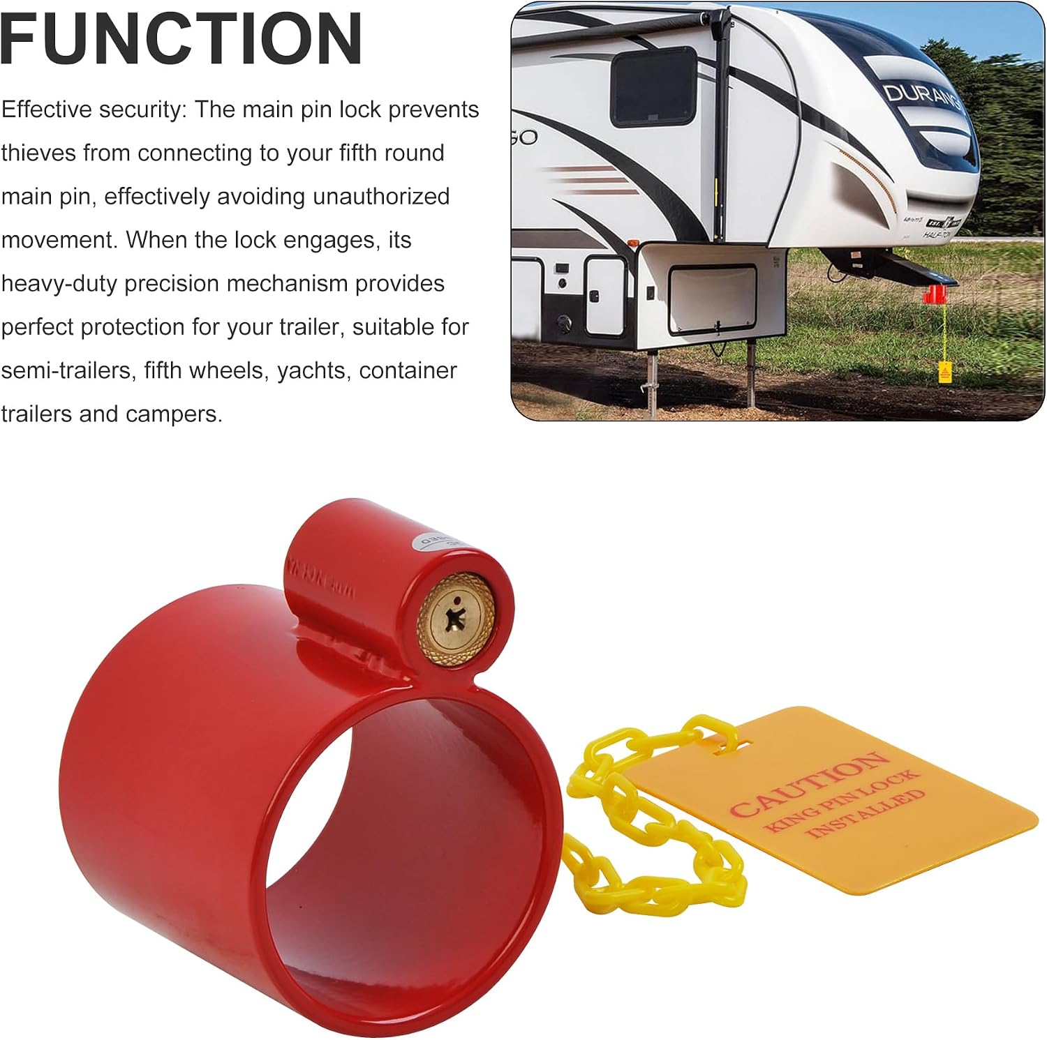 Heavy Duty Steel Kingpin Lock Wheel Trailer Lock King Pin Red with Bright Yellow Caution Tag