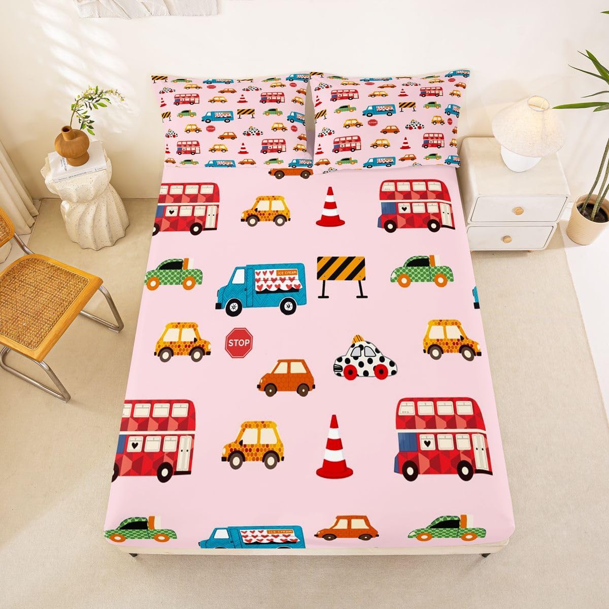 Erosebridal Cartoon Car Fitted Sheet Full Pink Cars Bed Sheets for Kids Teens Geometric Cute Bedding Set Red Fire Truck Sheets with Pocket