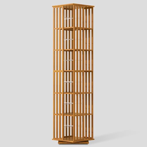 YOWOS Rotating Bookshelf Tower, 360° Display Spinning Bookcase, Bamboo Bookshelf Floor Standing Storage Rack, Wood Narrow Book Shelf Organizer for Kids Adults (Walnut, 6 Tier)